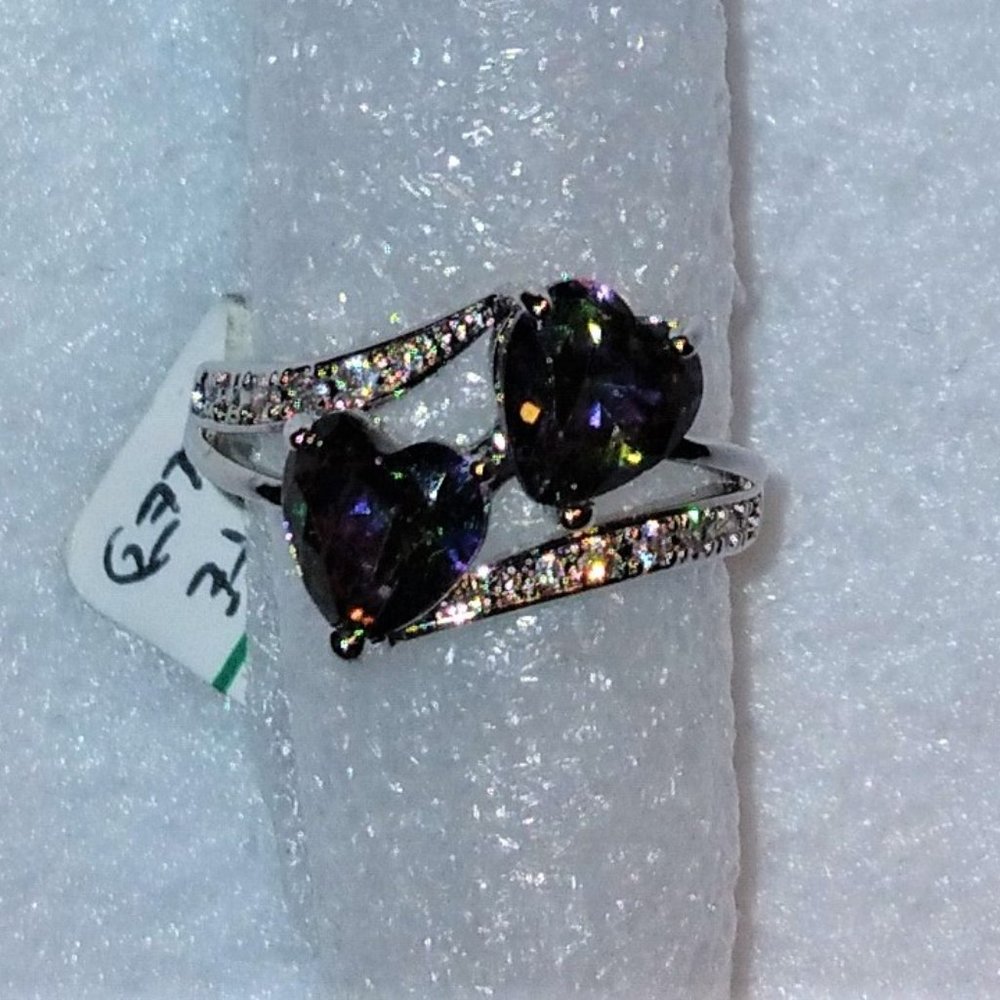 Beautiful White Gold Filled* Luxury Double Heart Rainbow CZ Ring - Size 7